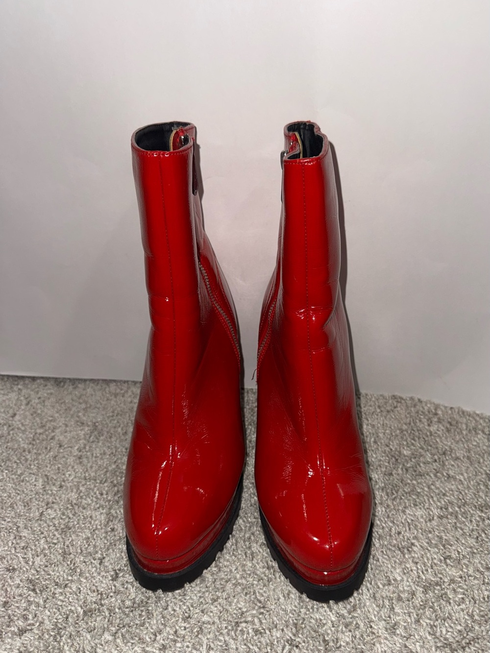 Red Faux Leather Ankle Boots - Women